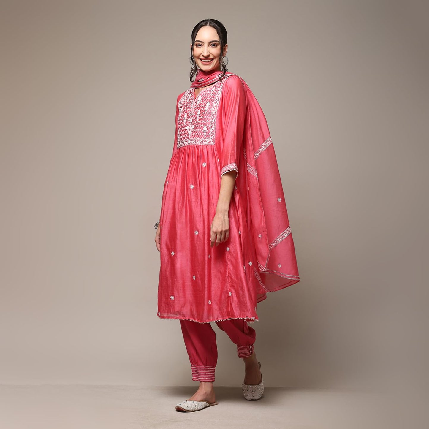 BIBA WOMEN EMBROIDERY RELAXED SALWAR KURTA DUPATTA(SKDGULNAAZ8670_BRIGHT PINK_34)