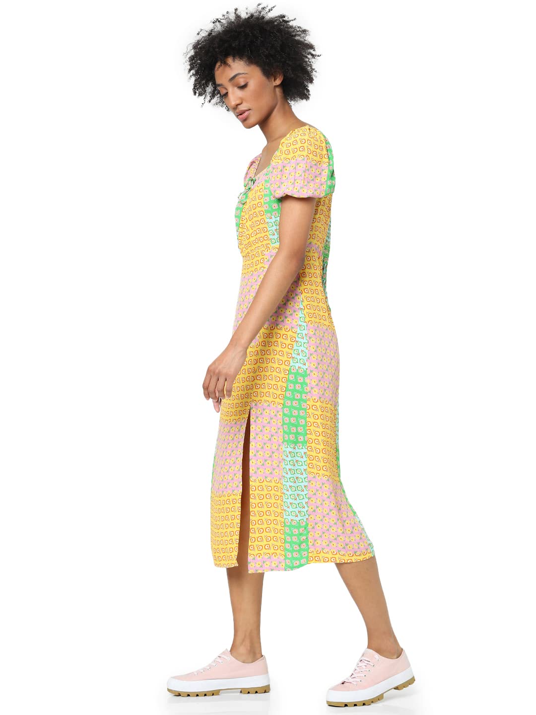 Only Women's Midi Length Viscose Fit & Flare Yellow Dress_Small