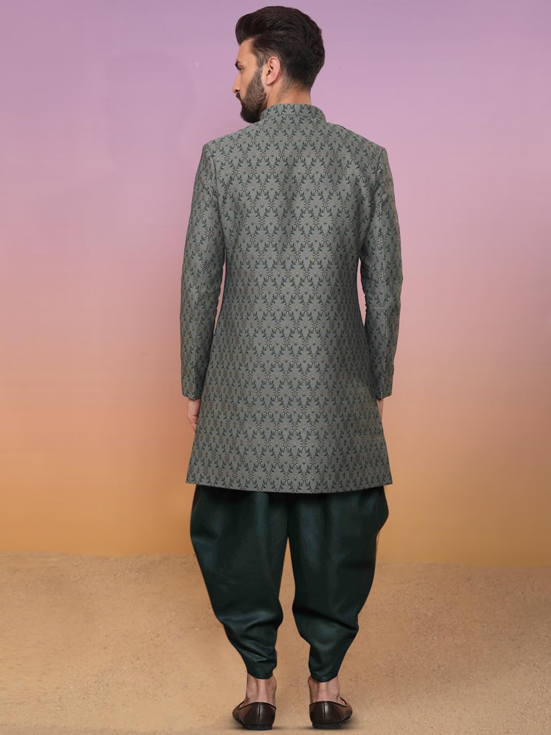KISAH Men's Indo-Western Sherwani Dhoti Set, Green Silk Blend, Jacquard Regular Fit Mandarin Collar Long Sleeves (M)