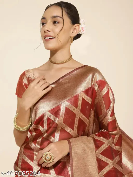 Janasya Women's Maroon Organza  Saree with Unstitched Blouse Piece