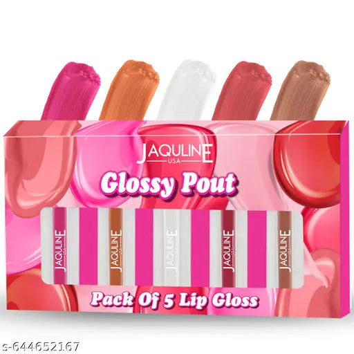 Jaquline USA Glossy Pout, Lip Gloss, Long Lasting Hydration, Moisturizes Lips, Smooth Texture, Pack of 5- 1.2ml each