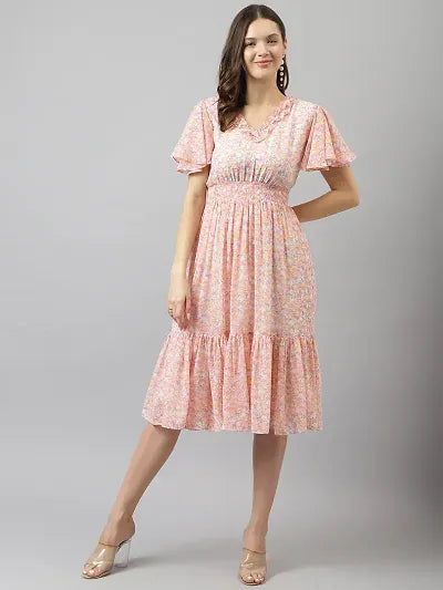 Stylish Peach Georgette Printed Fit And Flare Dress For Women