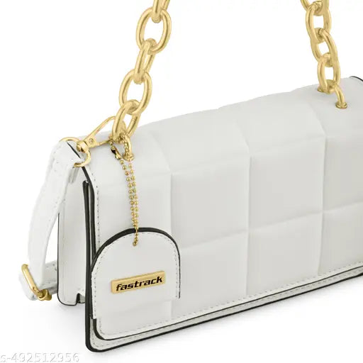 Fastrack White PU Quilted Satchel For Women with Gold Metal Chain and detachable sling strap