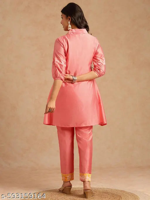 Vbuyz Women'S Pink Batik Print A-Line Chanderi Stiched Kurta With Pant