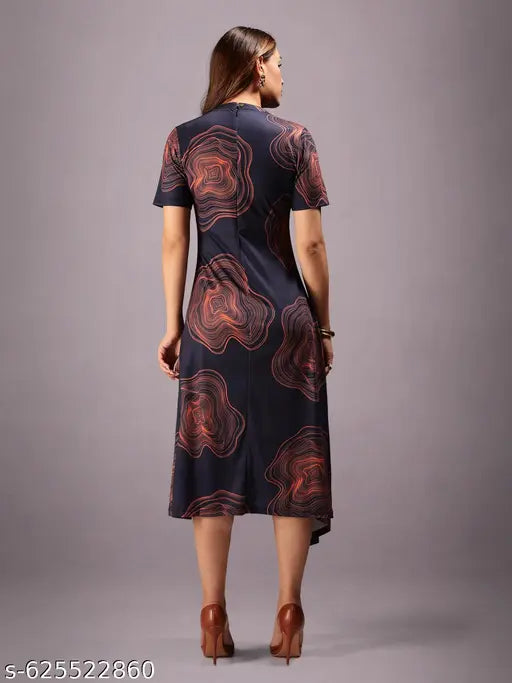 HELLCAT Asymmetrical Hem Dress for Women | Western Maxi Dress | Round Neck A-Line Half Sleeves Dress | Stylish Long Dress for Women | Modern Party Wear Dress for Women