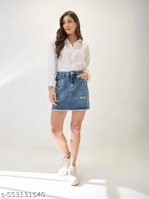 Globus Women Med Blue Mid Rise Distressed & Frayed Hem Mini Denim Skirt