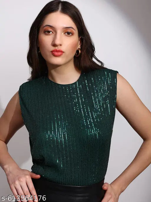 Globus Women Green Sequinned Embellished Round Neck Sleeveless Party Top