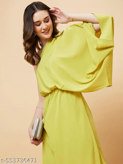 Globus Women Lime Solid One Shoulder Oversized Fit and Flare Maxi Dress