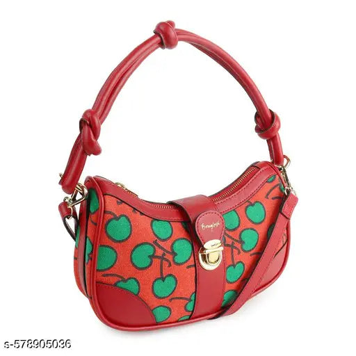 Berrylush Women Red & Green Cherry Printed PU Knot Detachable Sling Strap Embellished Shoulder Bag