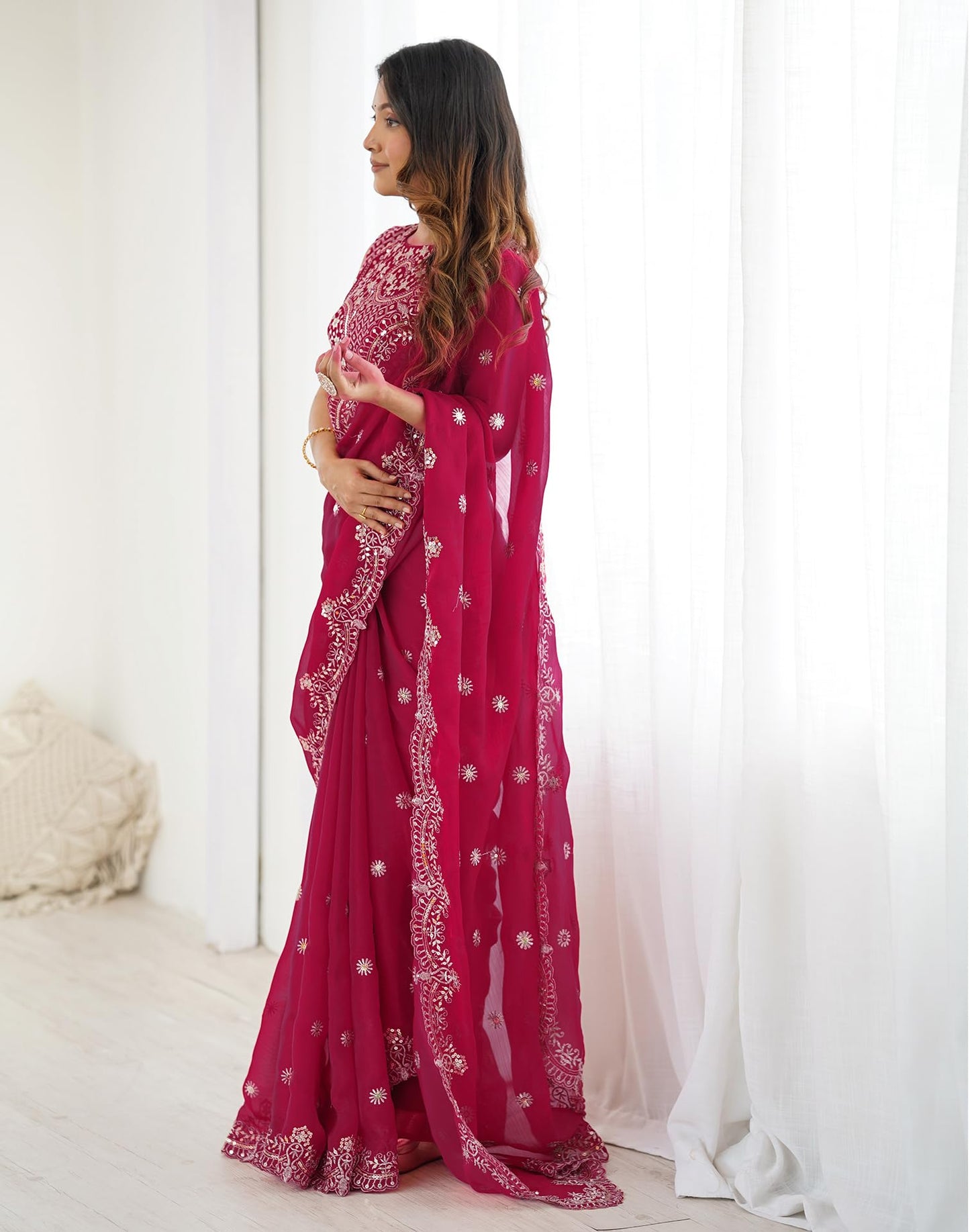 SIRIL Women's Chiffon Dual Tone Sequins Embroidery Saree with Unstitched Blouse Piece (4856S153A_Rani Pink)