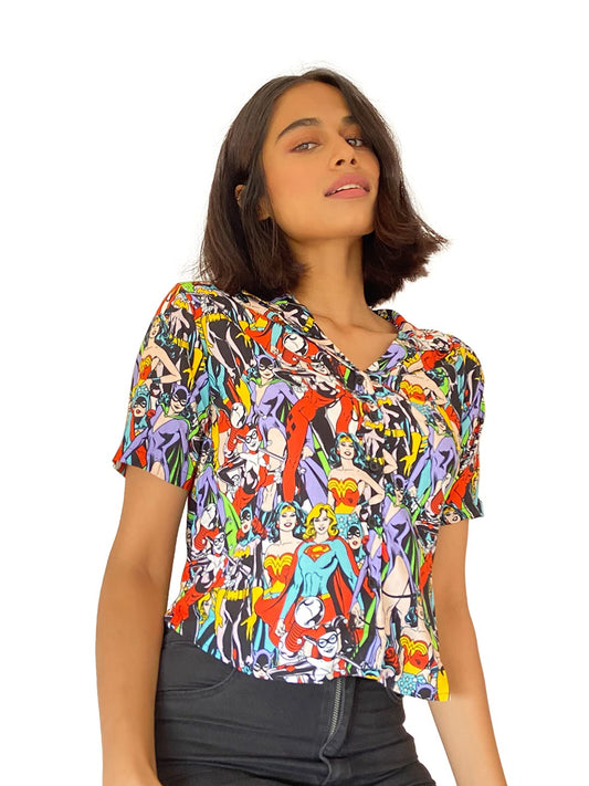 The Souled Store DC: Girl Gang Womens and Girls Graphic Printed Cotton Women Hawaiian Shirts Multi-Colored Women Summer Shirts Fashionable Trendy Graphic Prints Pop Culture Merchandise