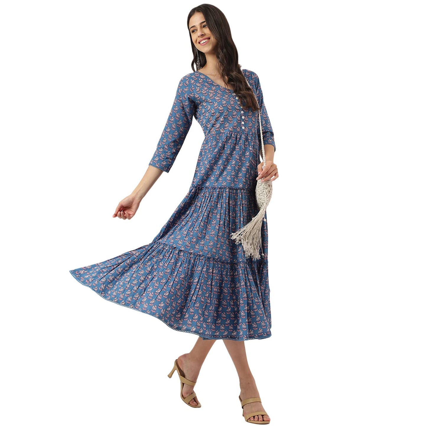 Divena Blue Floral Printed Long Dress