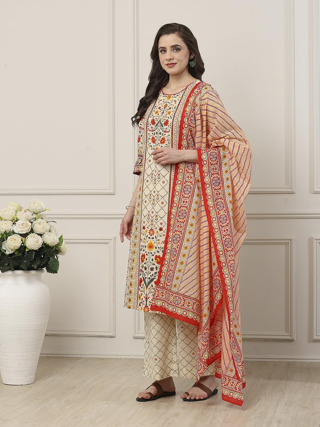 Biba Women Beige Cotton Straight Suit Set_32