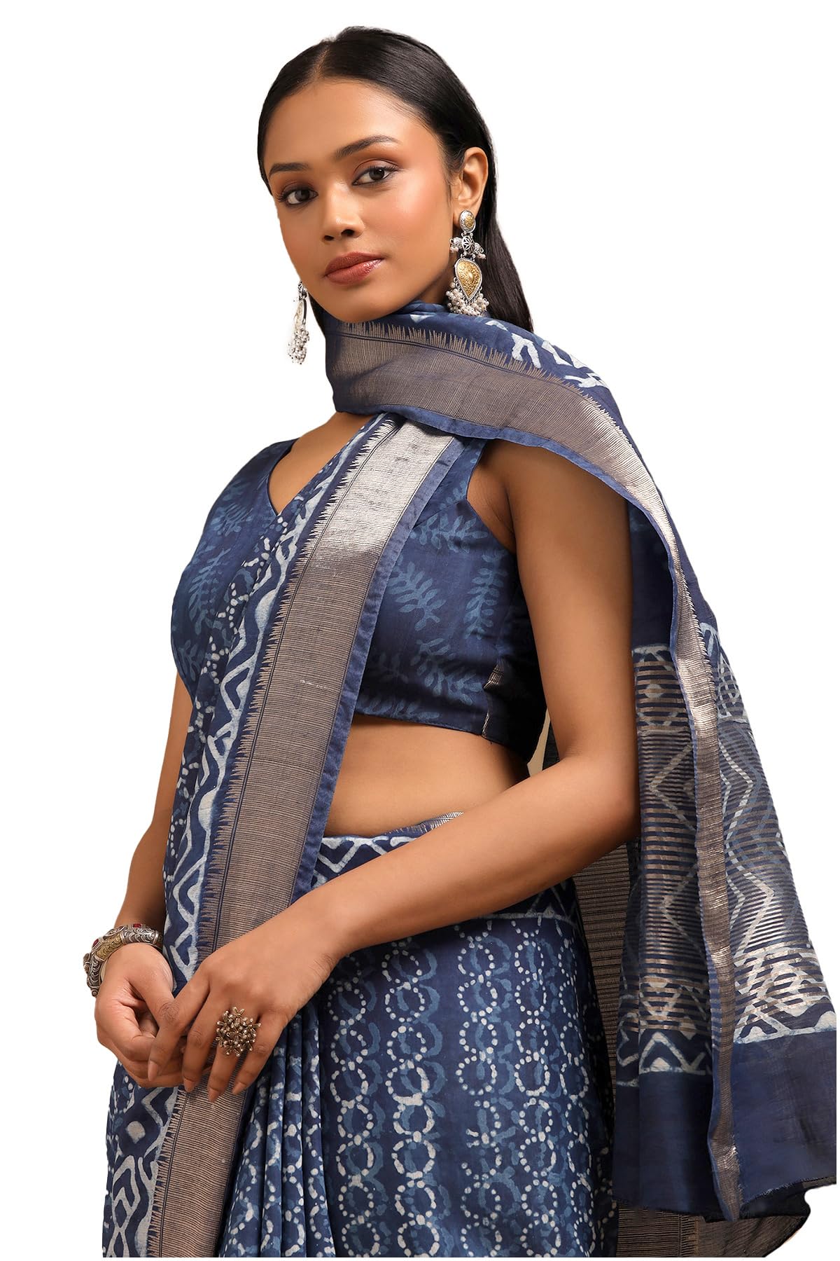 Soch Womens Indigo Viscose Block Print Saree