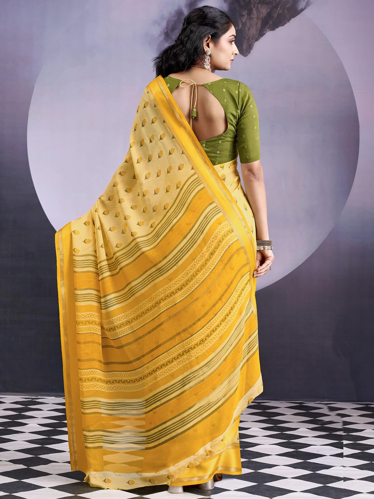 SIRIL Women's Georgette Jacquard Floral Printed Saree with Unstitched Blouse Piece (5334S1331_Light Yellow)