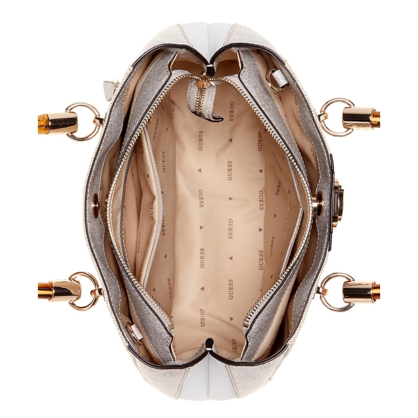 Guess Women's Natural/Dove Logo Printed Satchel| Ladies Purse Handbags | Gift For Ladies