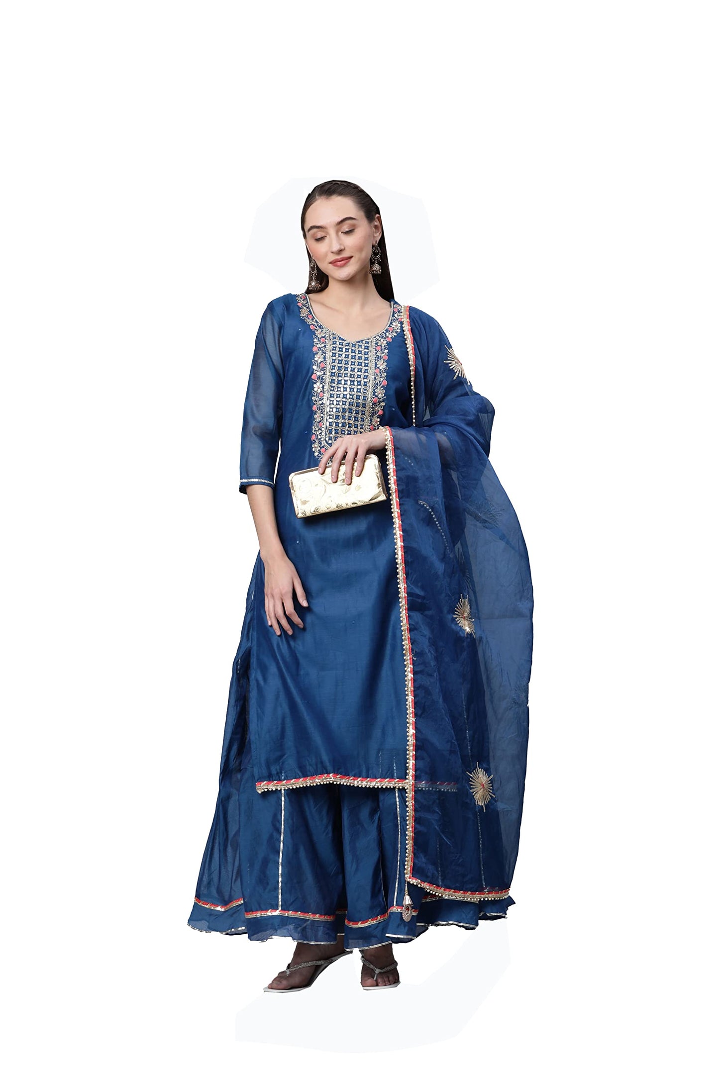 Divena Blue Solid Chenderi Kurta Skirt Set with Dupatta-DK0739-5XL