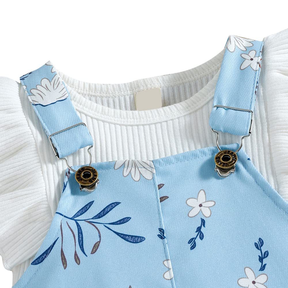 Hopscotch Girls Cotton and Polyester Floral Print T-shirt & Overall Pinafore Set in White Color For Ages 4-5 Years (BE1-4066901)