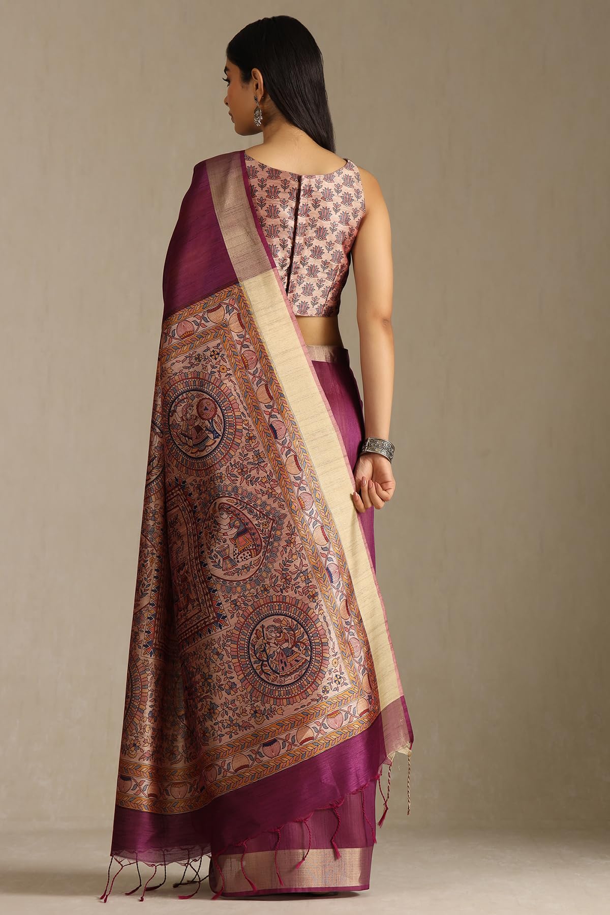 Soch Womens Wine Tussar Solid Saree