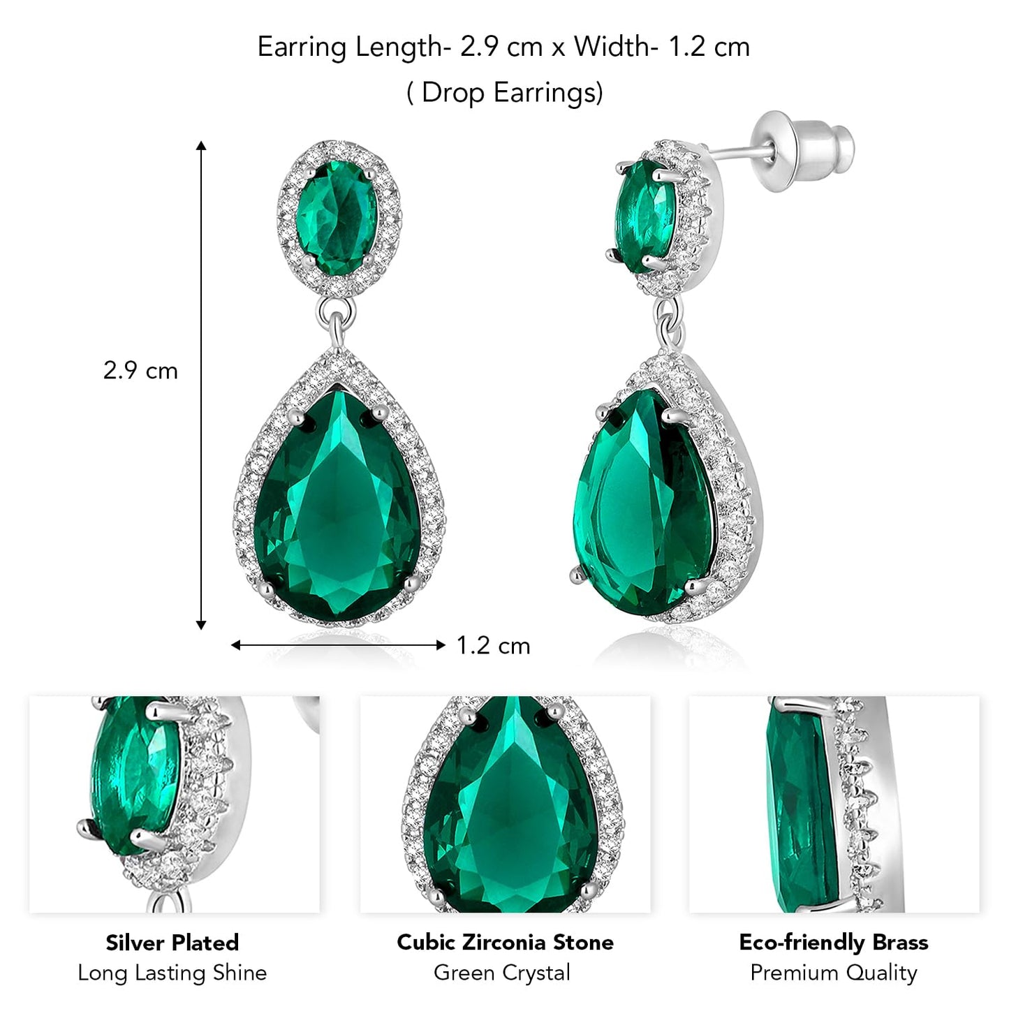 Peora Silver Plated Cubic Zirconia & Green Crystal Studded Drop Earrings Trending Jewellery For Women