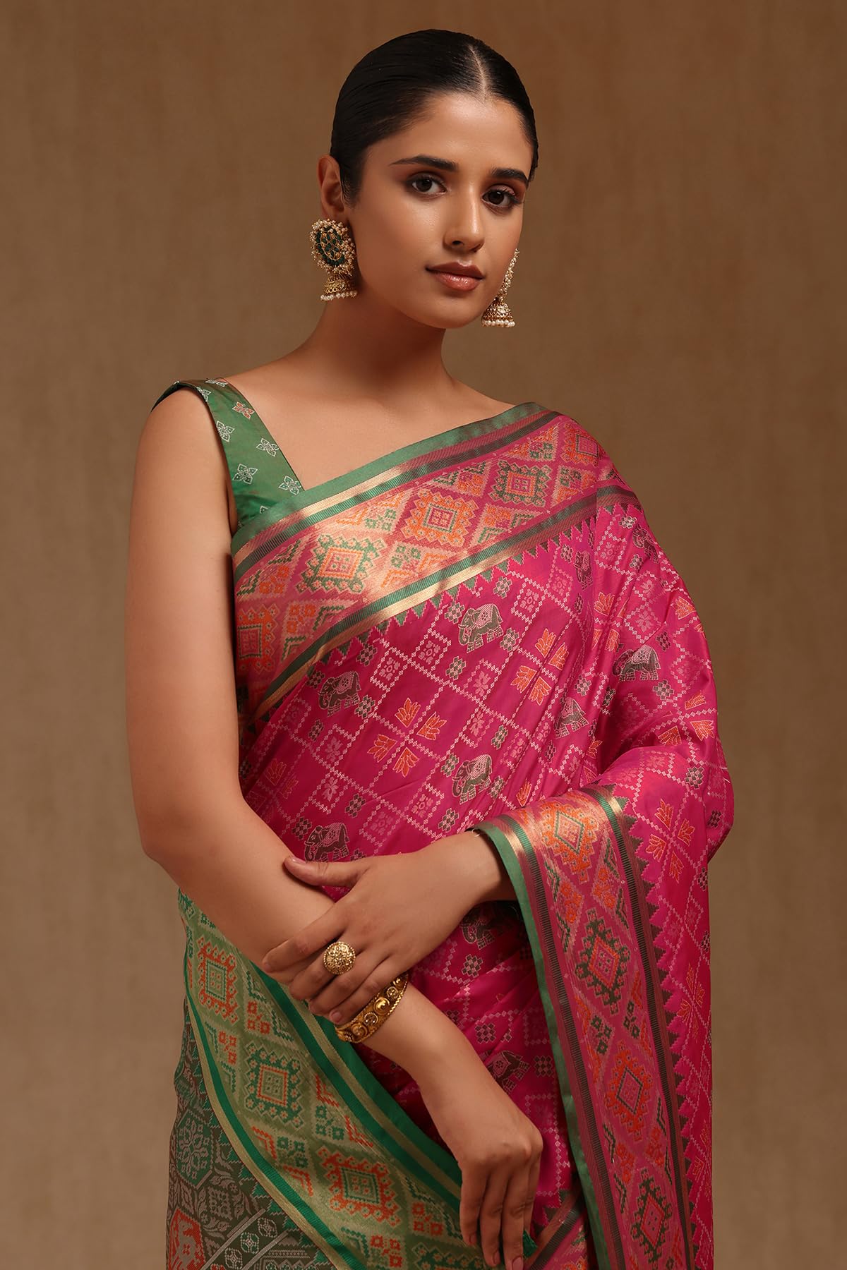 Soch Womens Fuchsia Silk Patola Print Saree