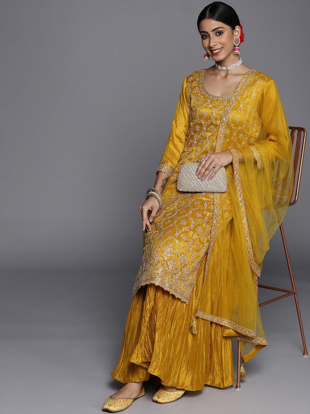 Libas Women's Silk Blend Kurta Sets (33592O_Mustard