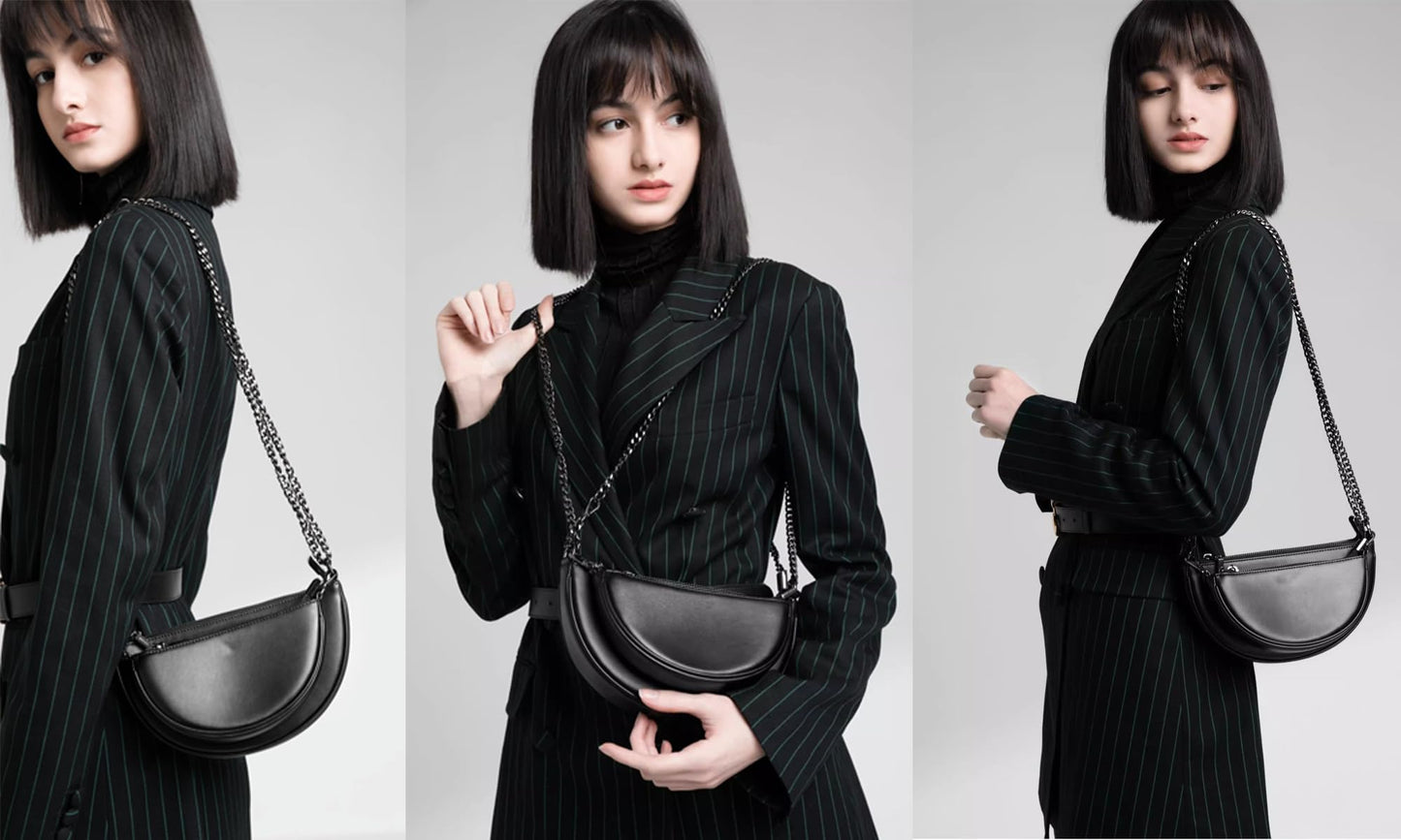 SIBY PU Leather Women Crossbody Bag with Metal Double Chain | Retro Semicircle Saddlebag | Versatile Mini Shoulder Bag- Black (2 Pcs)