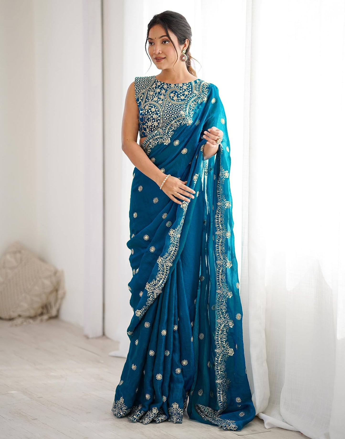 SIRIL Women's Sequence Embroidery Chiffon Saree With Unstitched Blouse Pieces (4856S151-Blue)