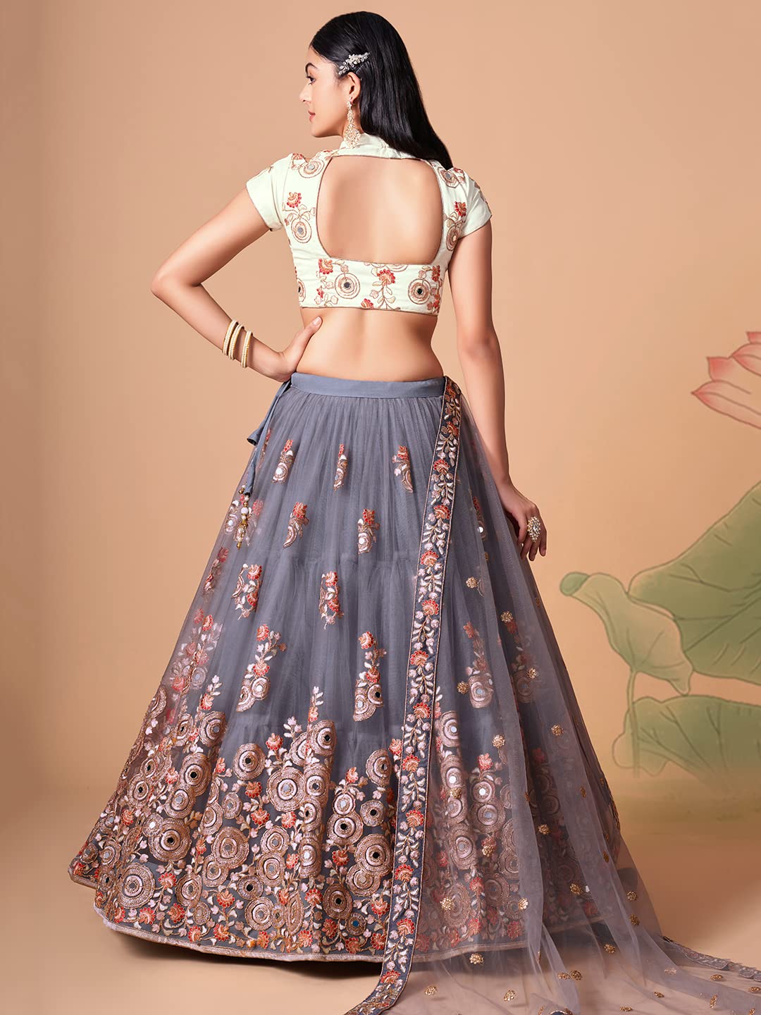 Zeel Clothing Women's Net Embroidered Semi-Stitched Bridal New Lehenga Choli with Dupatta (7321-Grey-Wedding-Bridal-Latest-Lehenga; Free Size) (Grey)