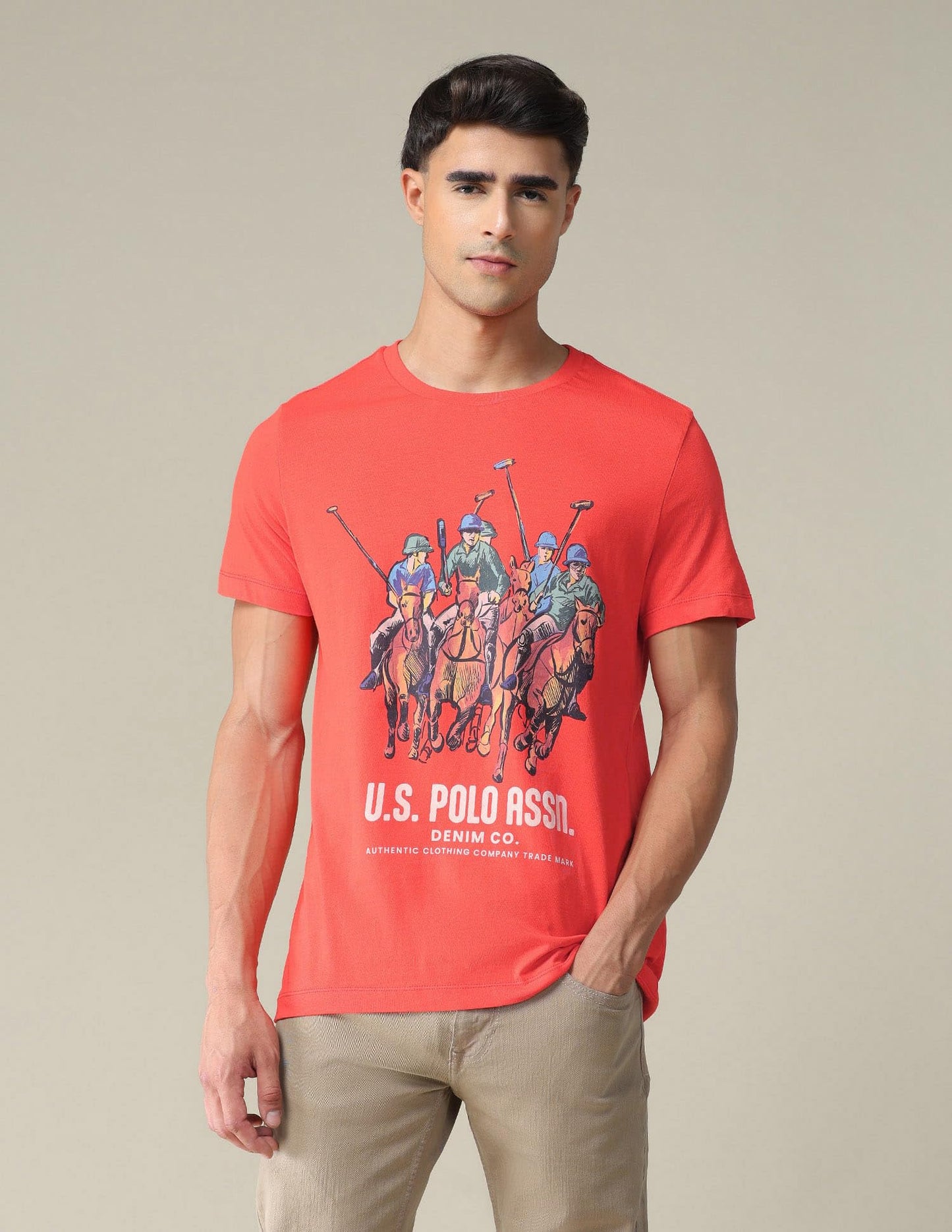 U.S. POLO ASSN. Brand Printed Cotton T-Shirts for Men - Slim Fit, Half Sleeves Mens Casual T Shirts Red