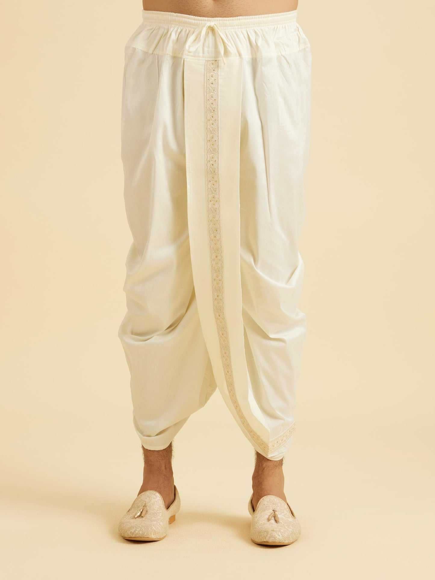 Manyavar Men's Viscose Blend Self Design Kurta Dhoti Set (Warm White,L)