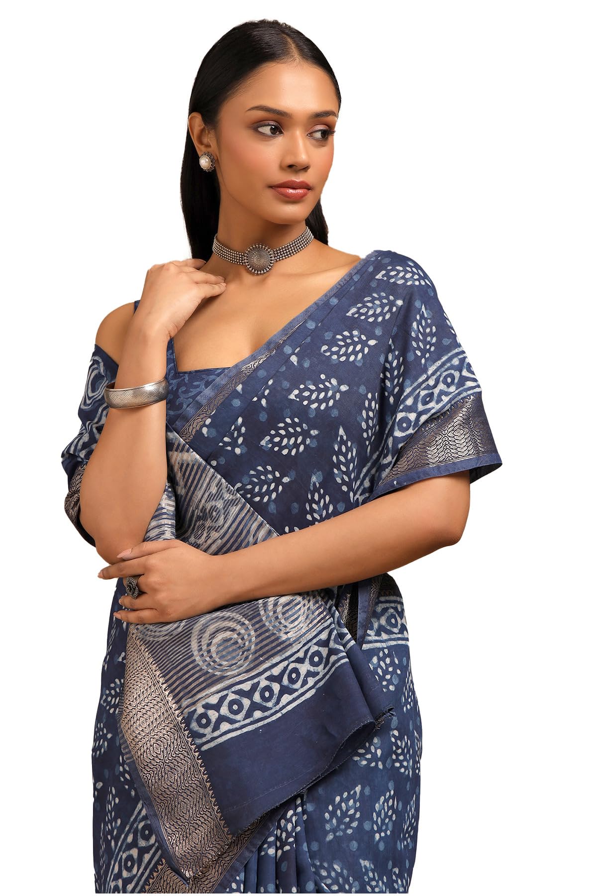 Soch Womens Indigo Viscose Block Print Saree