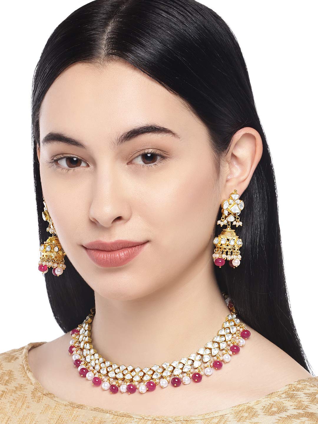 ACCESSHER Gold Plated Traditional Kundan Embellished with Reed Beads Studded Choker Necklace Set with Stud Earrings and Adjustable Dori for Women and Girls