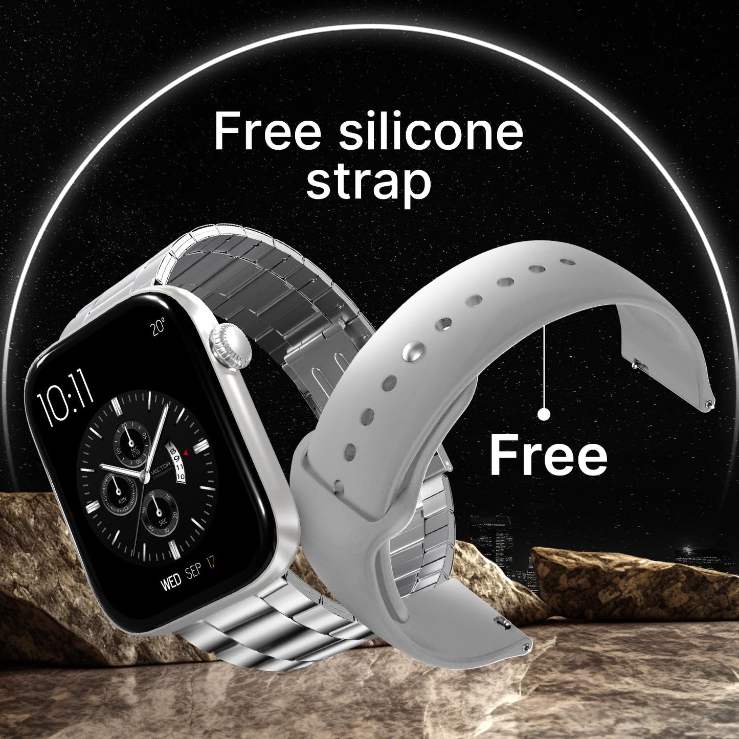 CrossBeats Stellr Newly launched Large 2.01"AMOLED Display 1000 NITS Bluetooth Calling Luxury High-Resolution Smart watch for Men Women |Health tracking| Fast Charge 7days Battery| Steel Strap|Silver
