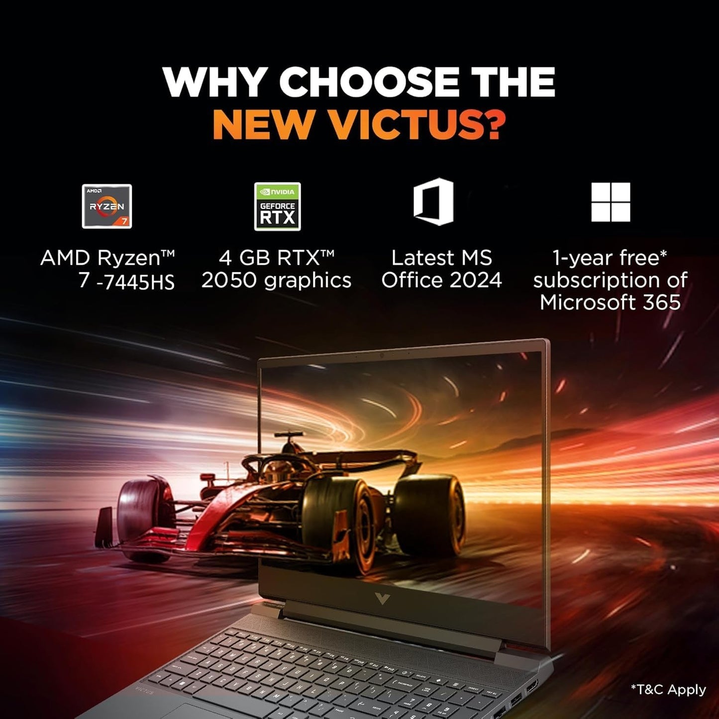 HP Victus, AMD Ryzen 7 7445HS, 4GB RTX 2050, 16GB DDR5(Upgradable) 512GB SSD, FHD, 144Hz, 300 nits, IPS, 15.6''/39.6cm, Win11, M365* Office24, Mica Silver, 2.29kg, fb3123AX, Backlit, Gaming Laptop