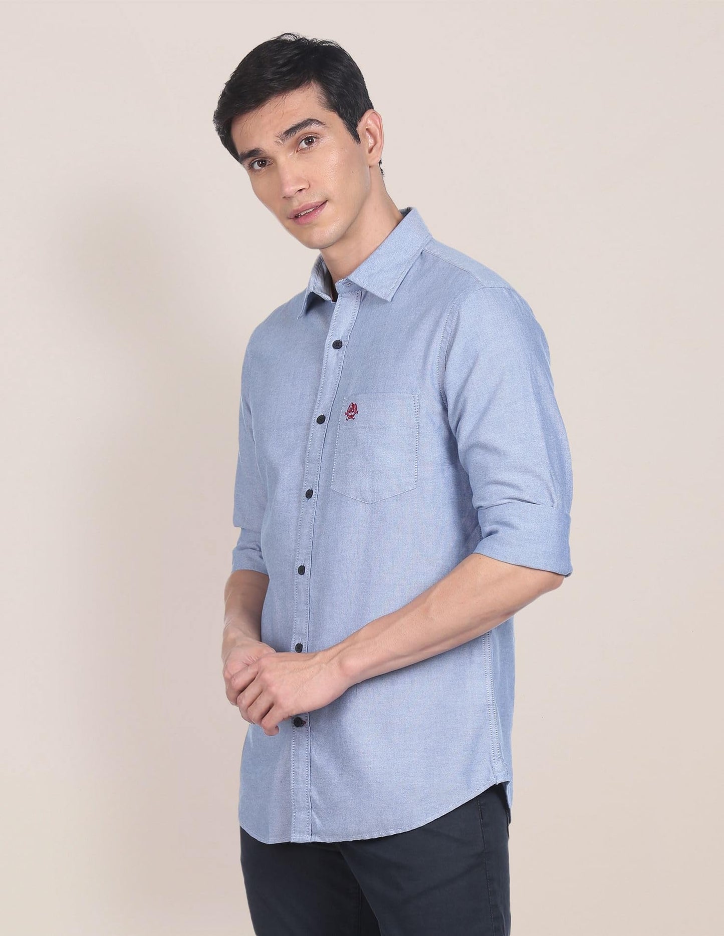 U.S. POLO ASSN. Men's Solid Spread Collar Premium Cotton Oxford Tailored Fit Shirt (USSHTR0027_DK. Blue_L)