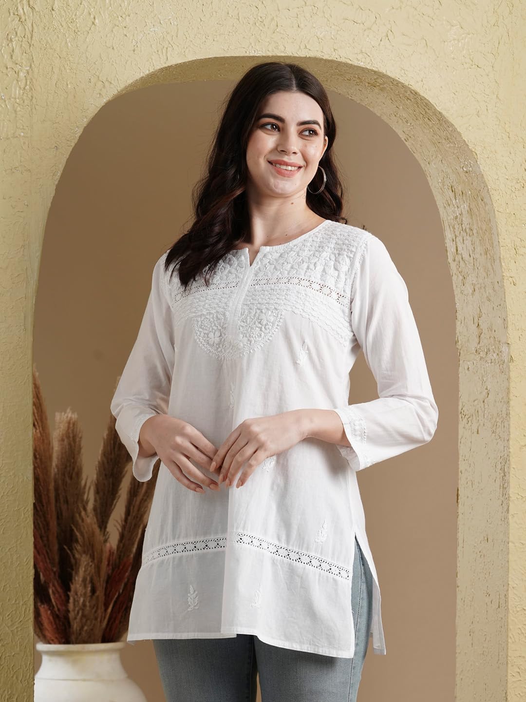 Ada Handmade Pure Cotton Lucknow Chikan Regular Fit Short Kurti for Women A100595 White (Medium)