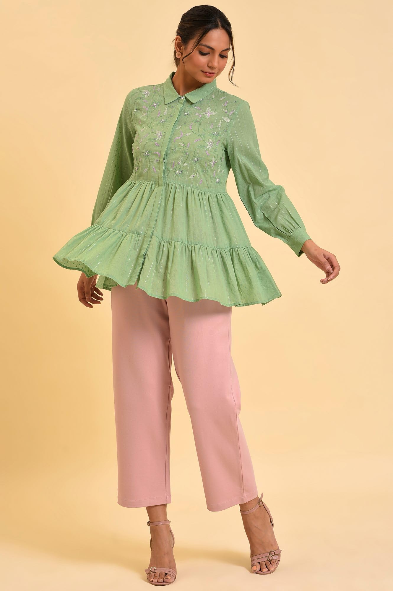 W for Woman Green Lurex Stripes Embroidered Tiered Top (Size: M)-23FEW31268-830263