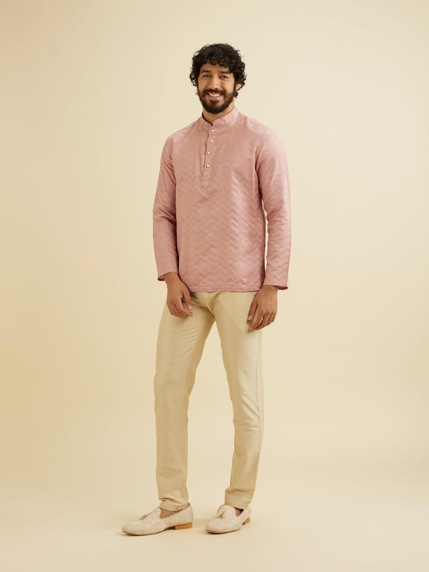 Manyavar Men's Viscose Blend Textured Short Kurta (Pink,XL)