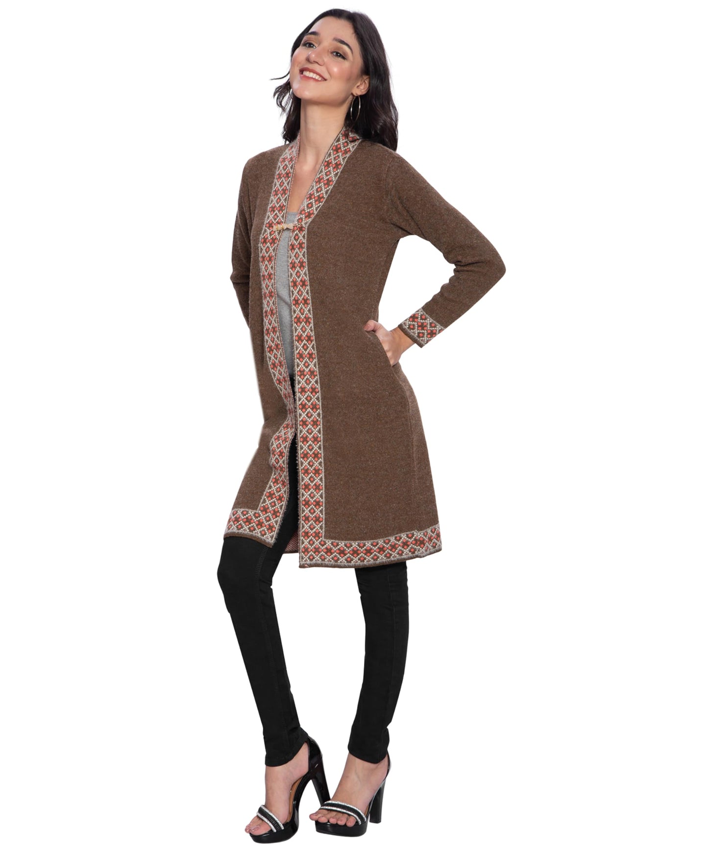 Women Woolen Log Sweater || Long Shrugs || Printed Woollen Coat || Open Front Longline Shrug Cardigan (IN, Alpha, XL, Border Brown)
