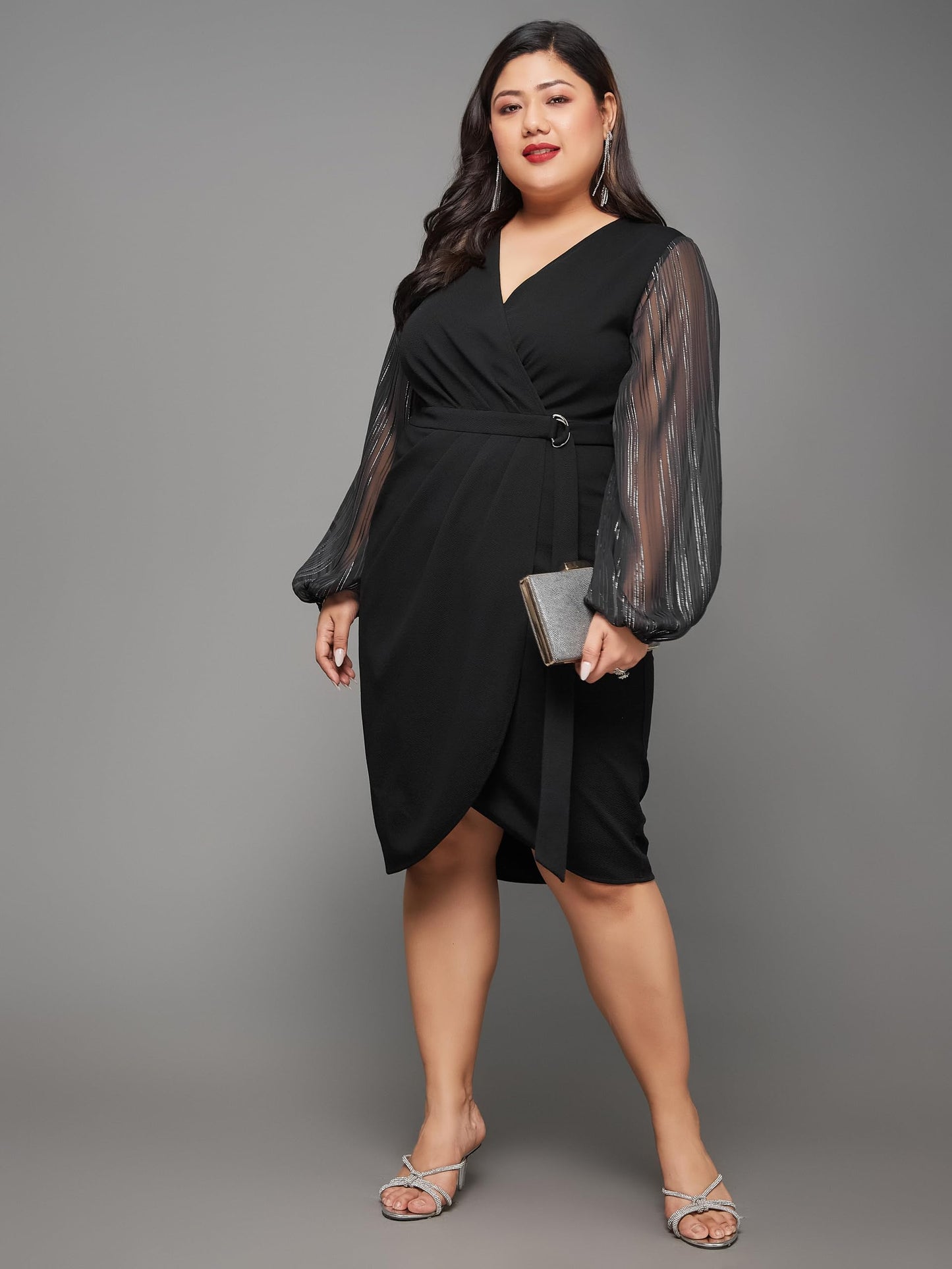 Miss Chase A+ Women's V Neck Bishop Sleeves Front Pocketed Polyester Wrap Knee-Length Dress (APSS23D16-41-62-09, Black, 4XL)