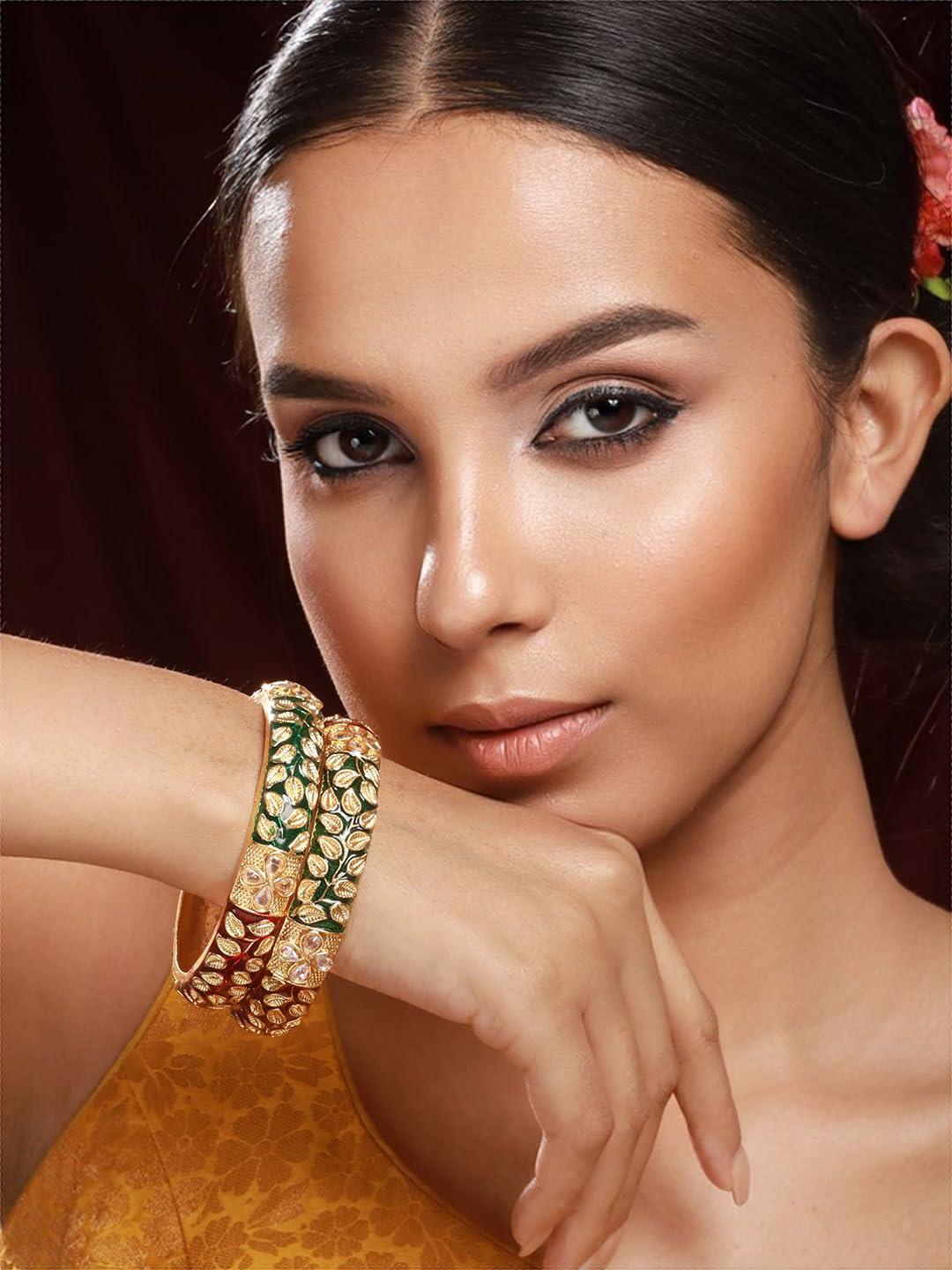 Priyaasi Red & Green Studded Leaf Meenakari Gold-Plated Bangle Set of 2 for Women