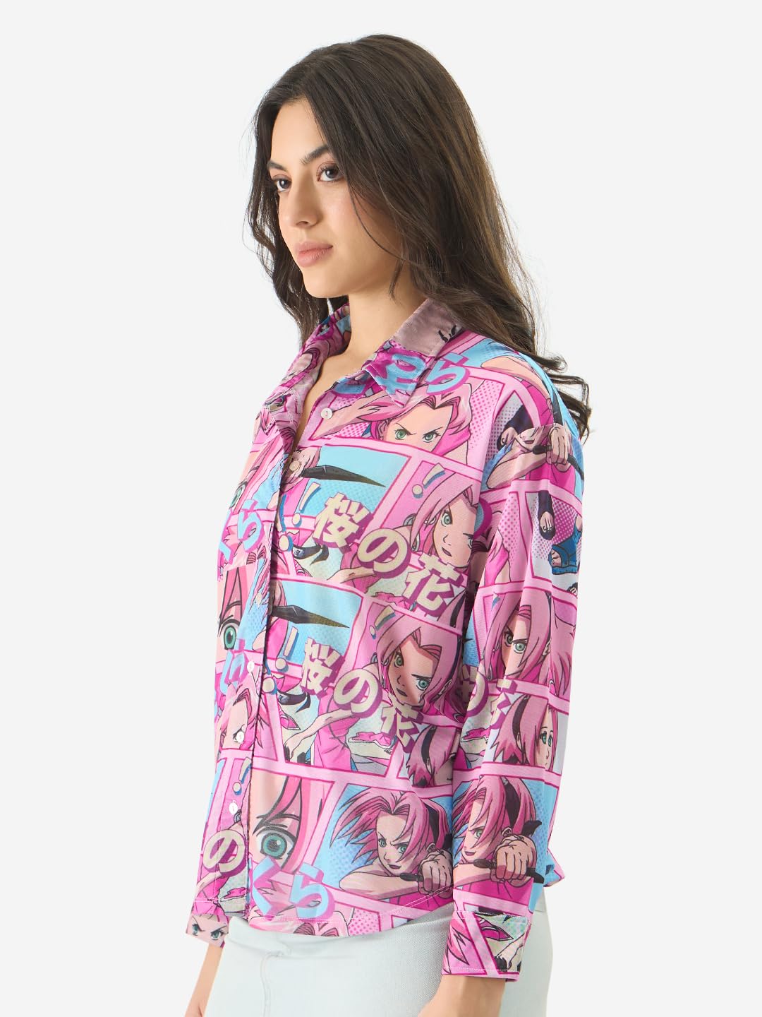 The Souled Store Mesh Shirt : Sakura Comic Panels Women and Girls Long Sleeve Collared Neck Button Down Pink Anime All Over Printed Rayon Boyfriend Shirts
