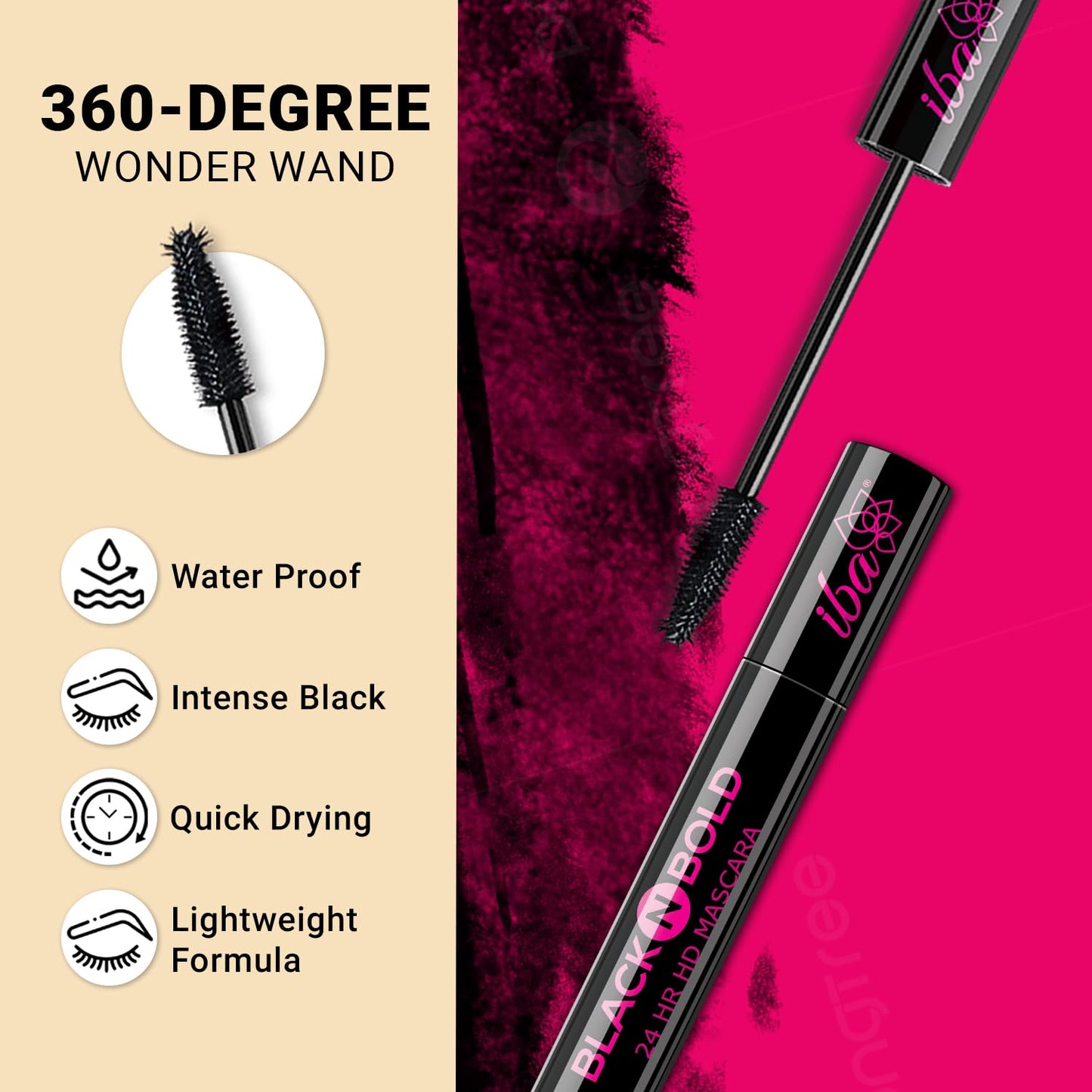 Iba Black N Bold 24 Hr Hd Mascara, Black, 8 ml | Waterproof, Lengthening, Curling, Volumising | 100% Vegan & Cruelty Free