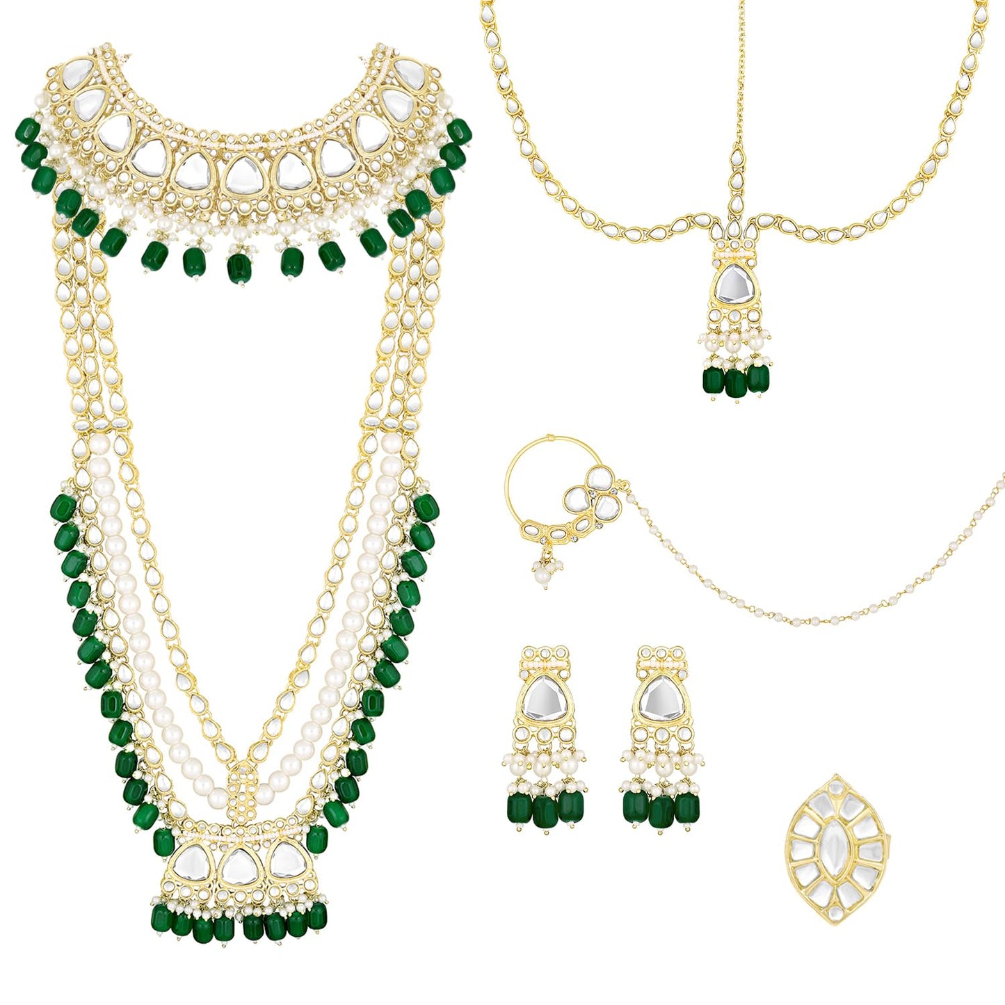 Peora Gold Plated Green Kundan Studded Choker Long Necklace Maangtikka Nathiya Earrings Finger Ring Bridal Jewellery Set for Women