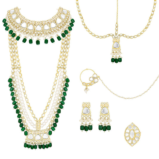 Peora Gold Plated Green Kundan Studded Choker Long Necklace Maangtikka Nathiya Earrings Finger Ring Bridal Jewellery Set for Women