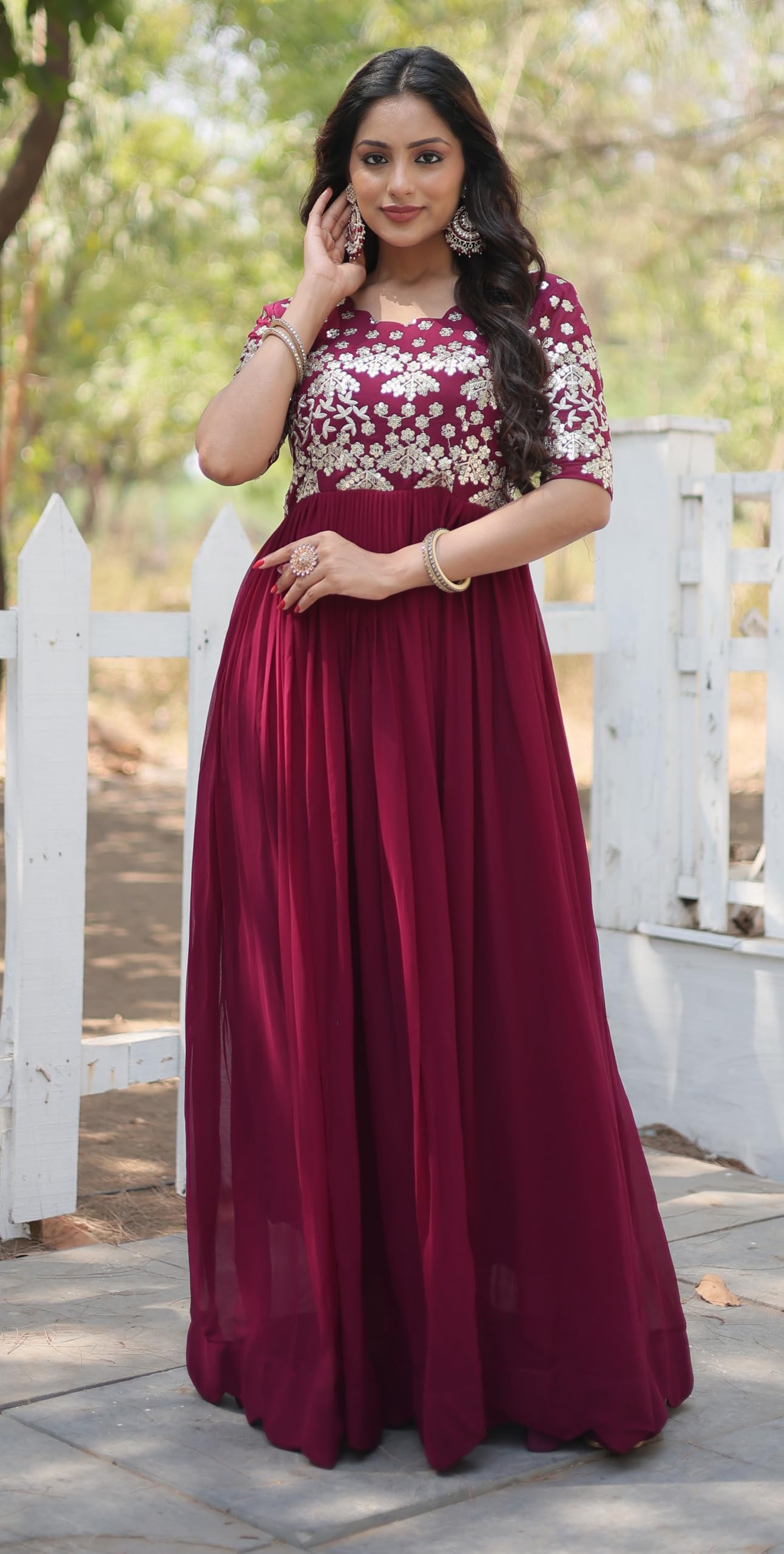 Fashion Basket Women's Georgette Embroidered Anarkali Gown Wine