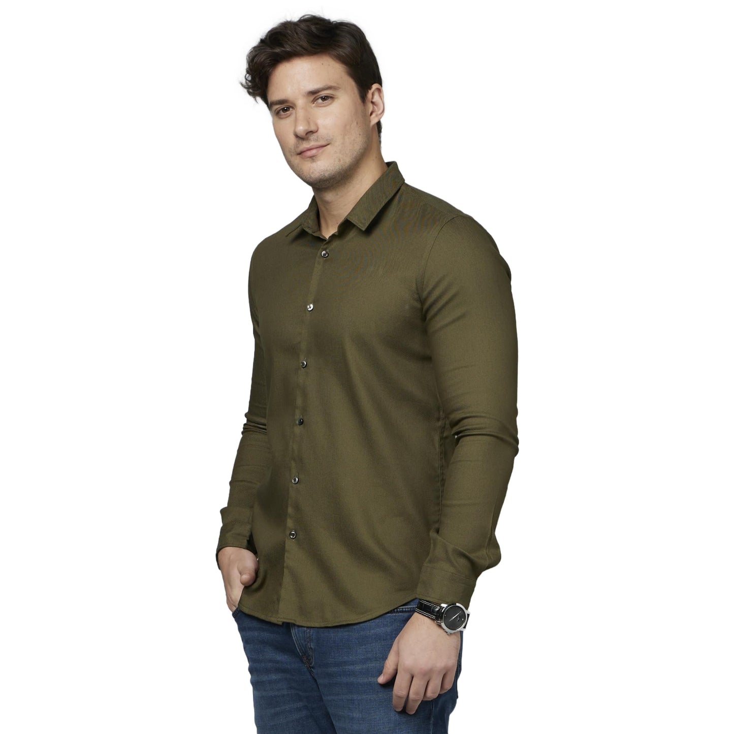 Celio Solid Olive Long Sleeves Casual Shirt