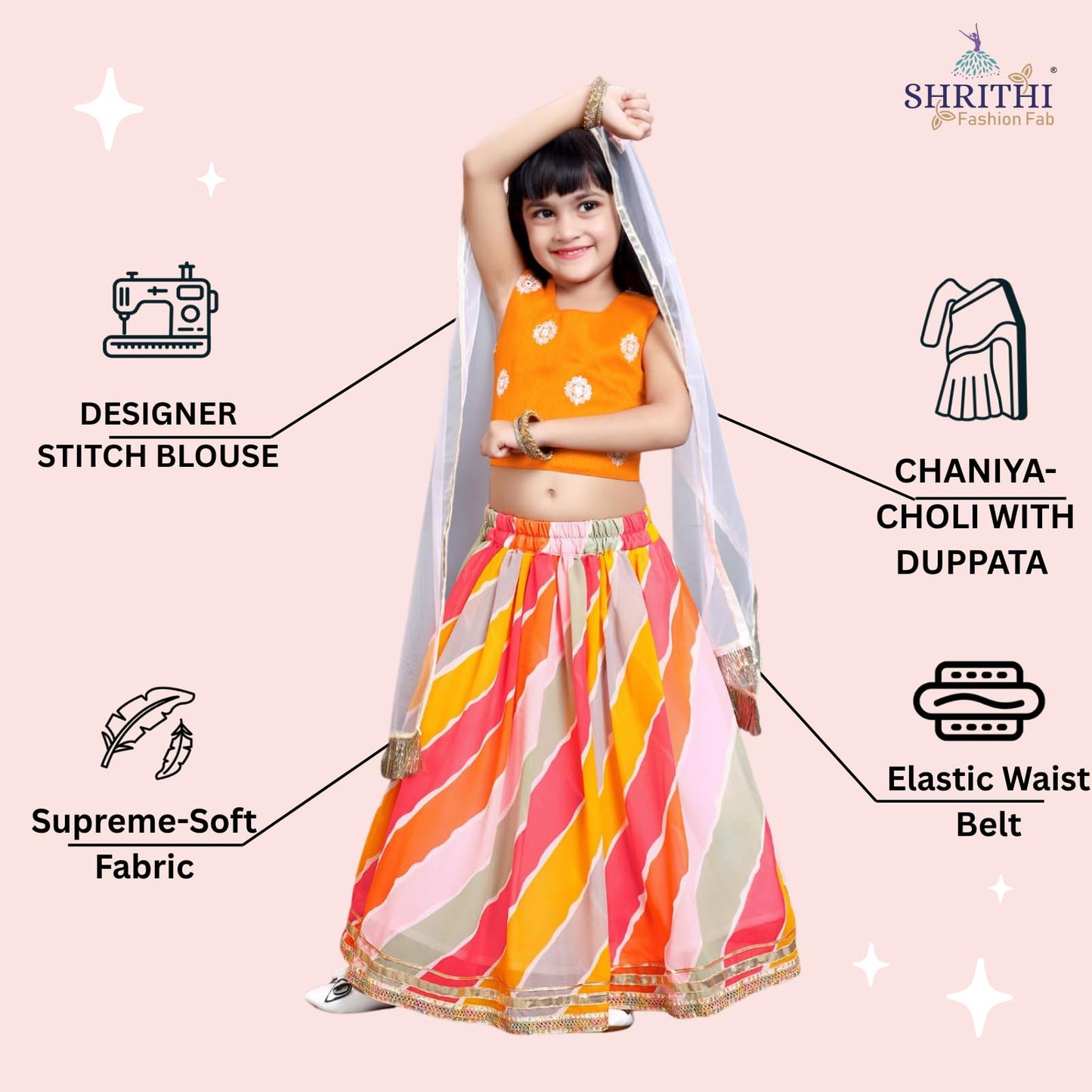 SHRITHI FASHION FAB New Fashionable Fully Stitched Fox Georgette Lehenga Choli Set With Matching Blouse. | dress for kids girls | navratri lehenga for kids girls |(Tanu-Orange-5-6Years)