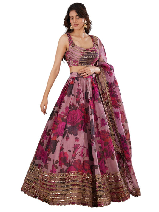 Zeel Clothing Women's Organza Semi-stitched Print and Sequins Embroidered Lehenga Choli With Dupatta (7067-Pink--Lehenga-Choli-Latest, Free size) (Pink)
